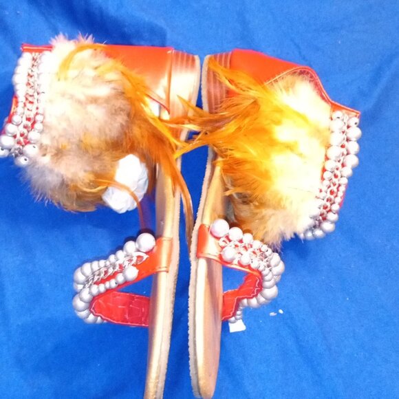 RUNWAY READY  Red Feather Rhinestone Jeweled  Sandal - Picture 2 of 4